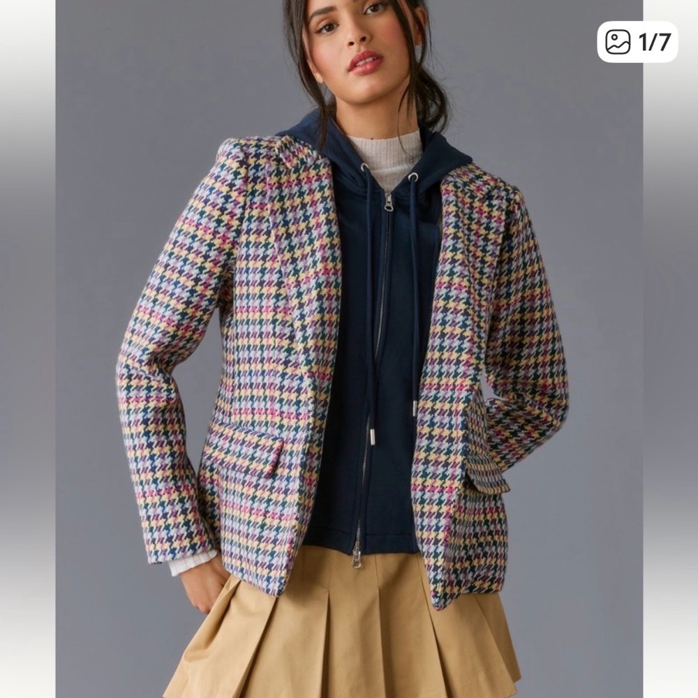 ANTHROPOLOGIE HOUNDSTOOTH BLAZER MODERN FIT IDEAL 4 LAYERING REMOVABLE ZIP UP